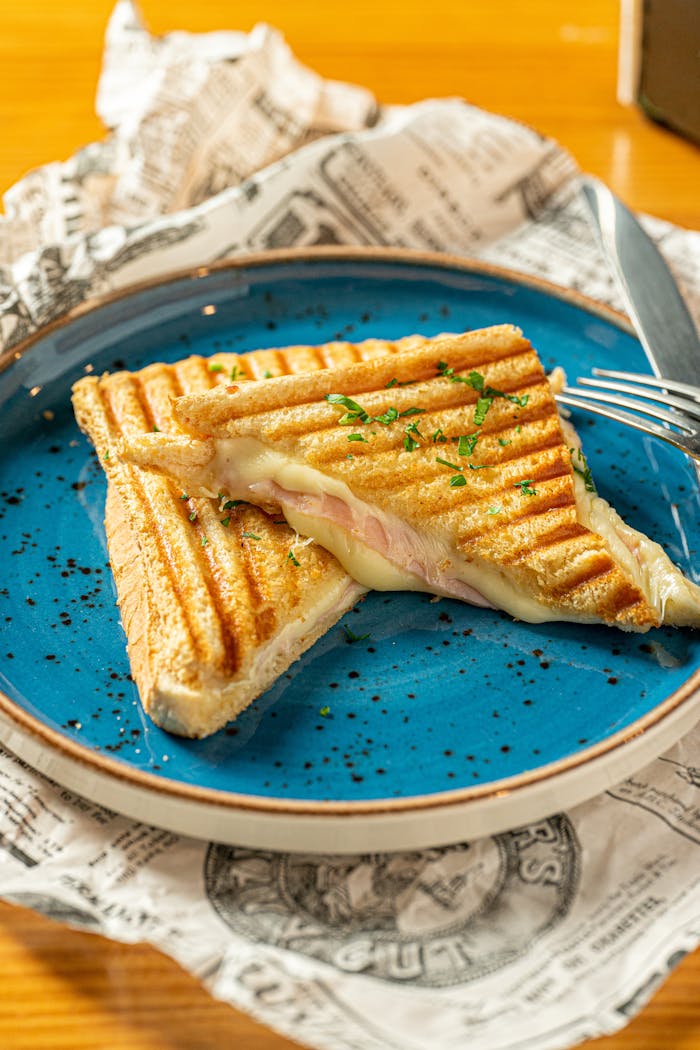 Close-up of a tasty grilled cheese sandwich with ham on a blue plate.